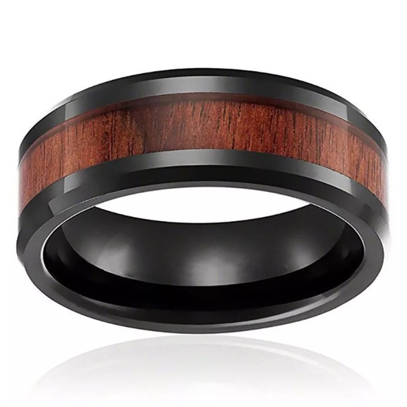 Tungsten Wood Inlay Men Black Ring - Picture 2 of 5